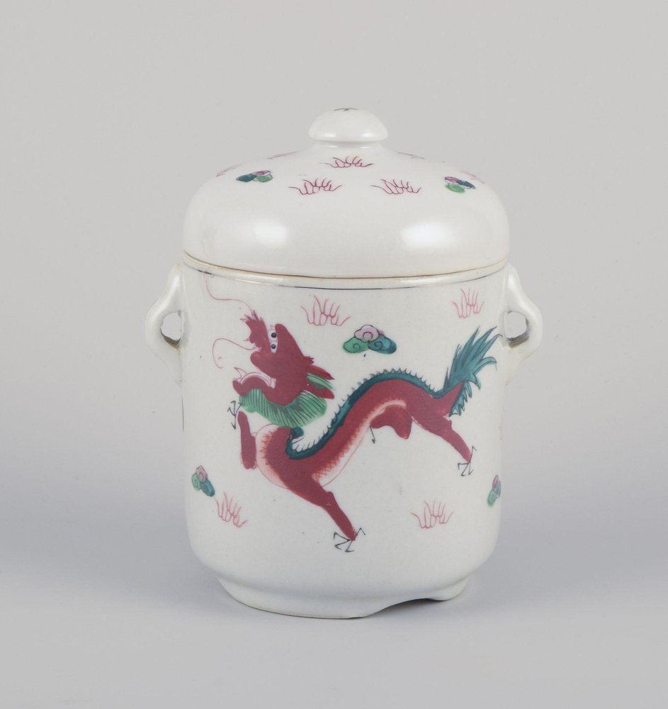 Chinese Container Character 20th Century Chinese Porcelain Container with Two Lids with Hand ...