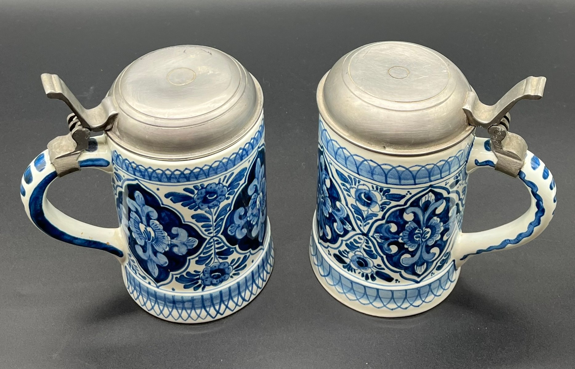 Antique Hand-Painted Beer Mugs with Pewter Lids from Royal Delft, 1920 ...
