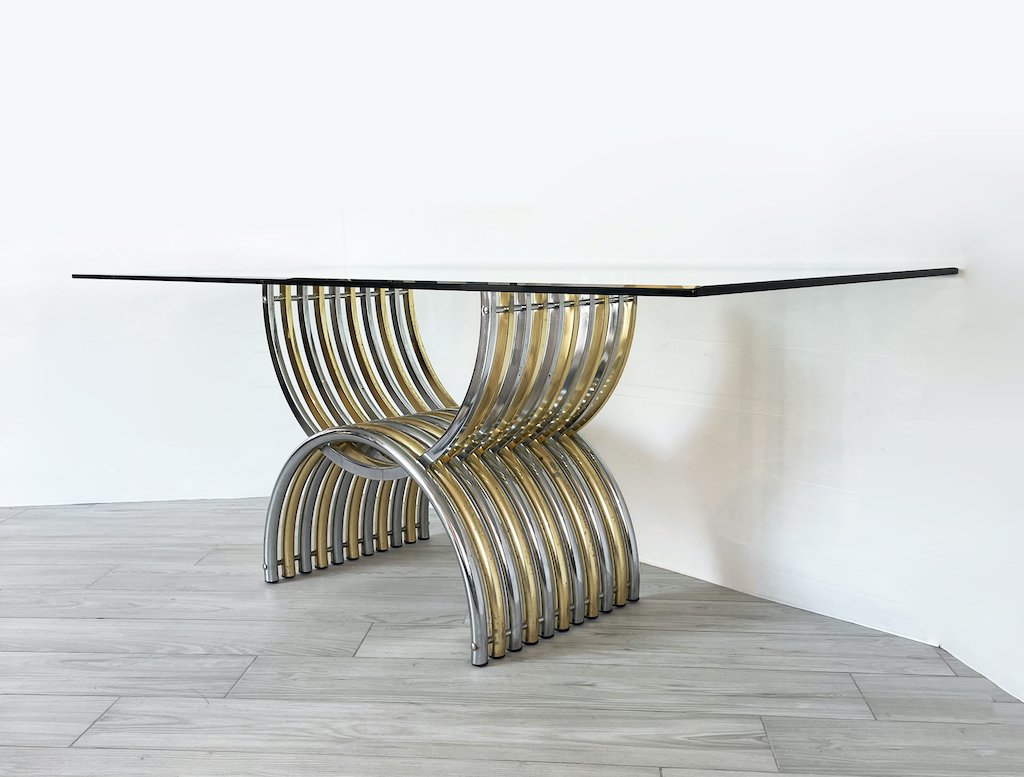 Vintage Dining Table in Brass and Glass, 1970 for sale at Pamono
