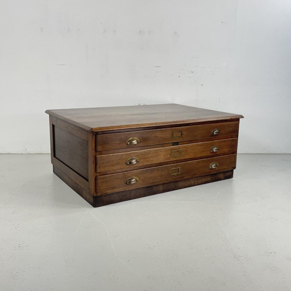 3 Drawer Plan Chest Coffee Table with Brass Cup Handles, 1930s for sale ...