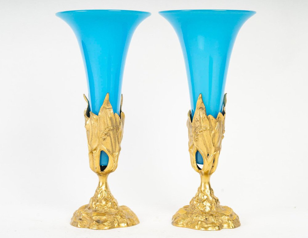 PAIRE DE VASES en verre opalin opaline noir ancien napoléon III fleur