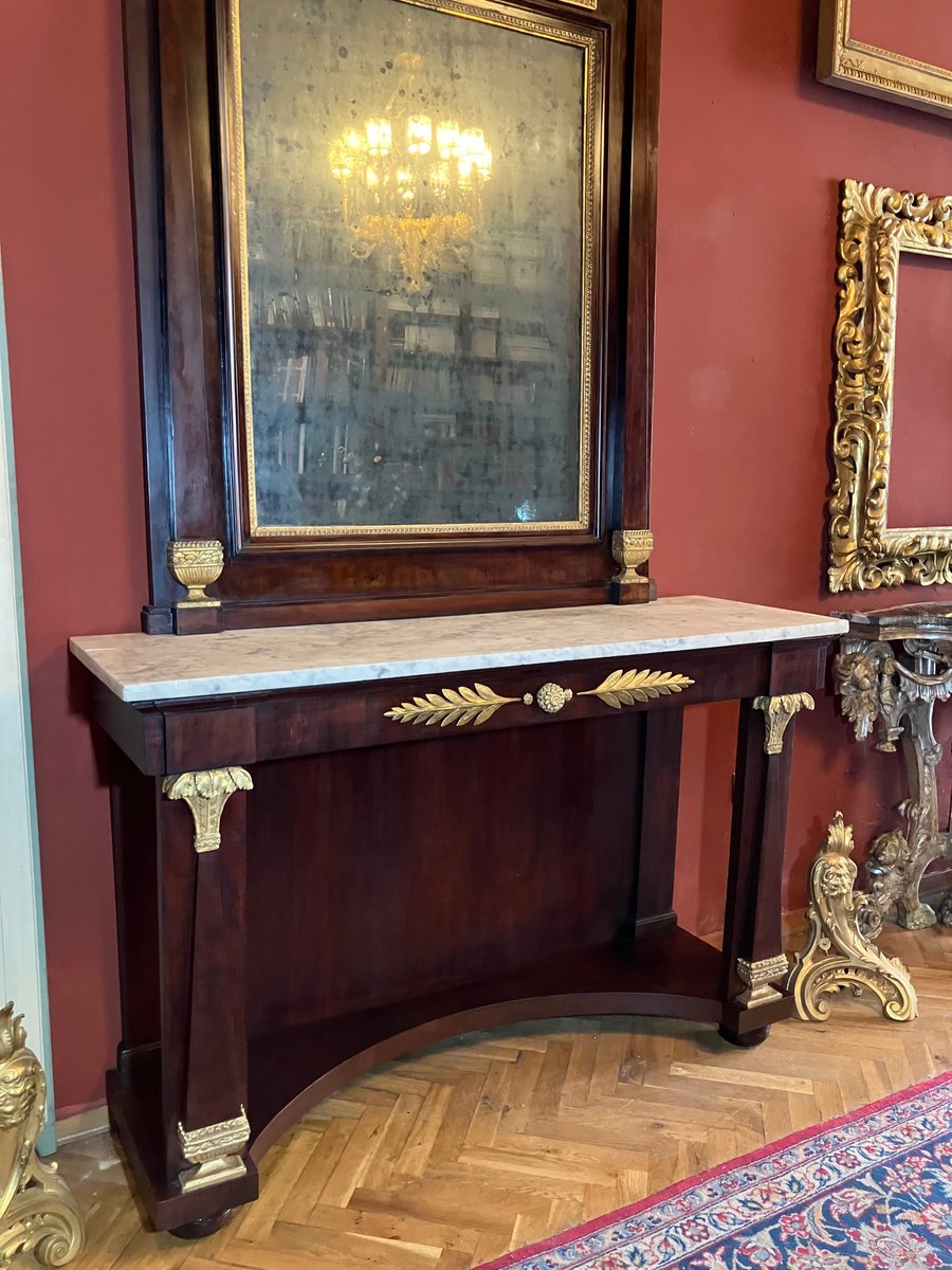 Italian Empire Mahogany and Parcel Gilt Console with Mirror and Carrara ...