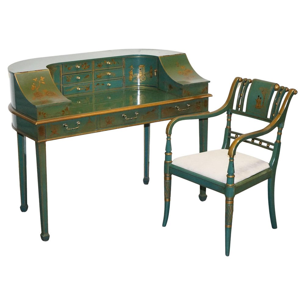 Green and Gold Chinoiserie Carlton Desk with Armchair, Set