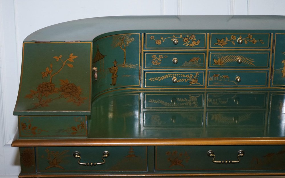 Green and Gold Chinoiserie Carlton Desk with Armchair, Set