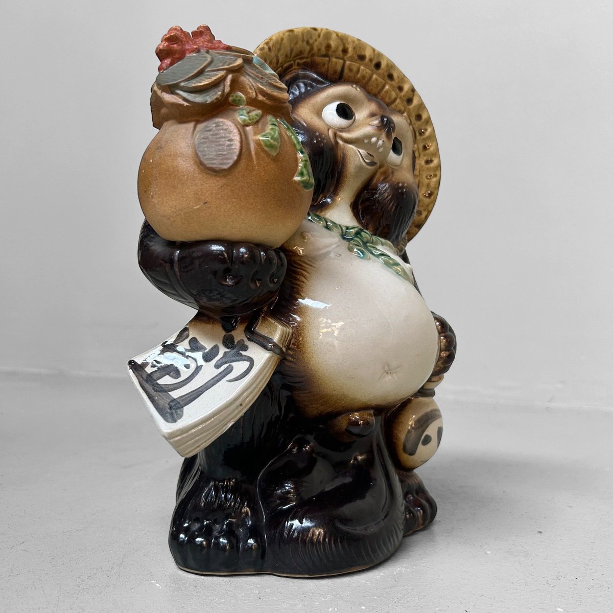 Vintage Japanese Tanuki Statue Lucky Charm with Money Pouch, 1980