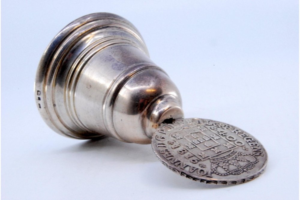 Silver Bell with Edge Borders and Coin-Shaped Handle for sale at Pamono