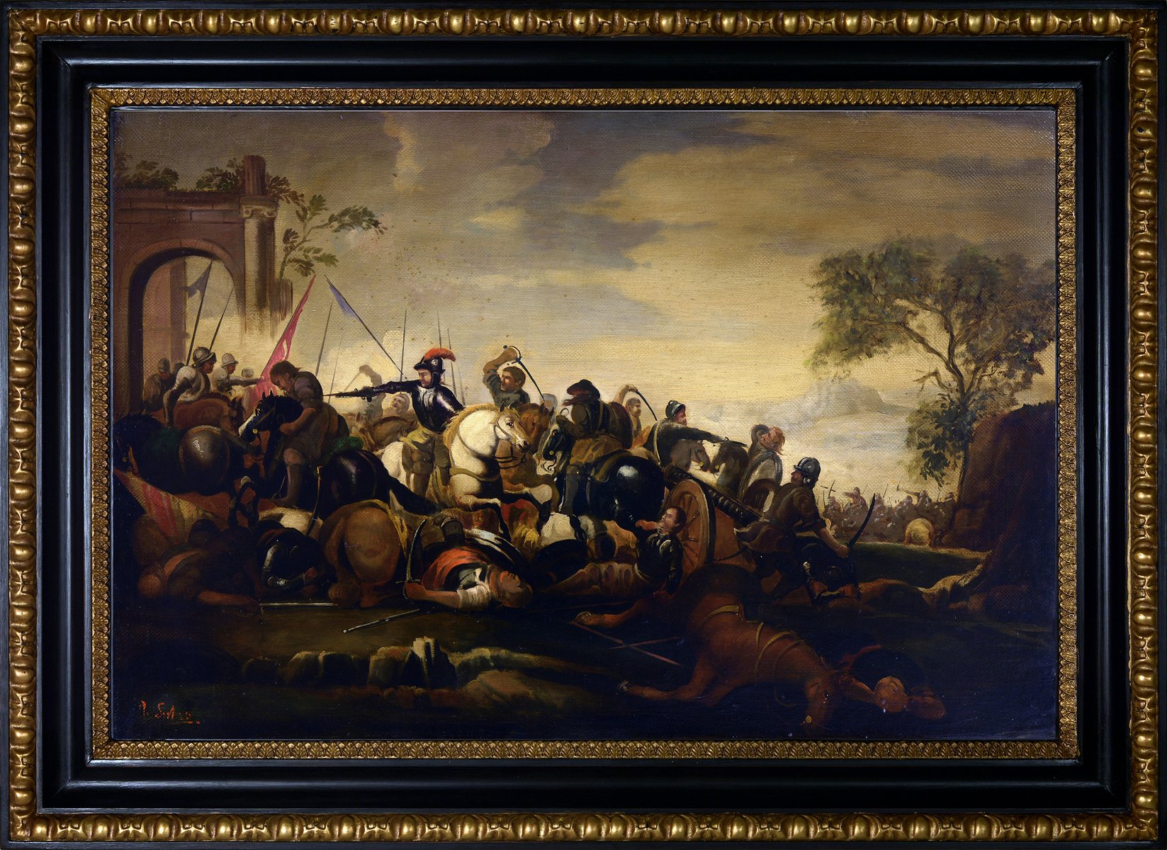 Antonio Savisio, Dramatic Land Battle, 1980s, Oil on Canvas, Framed for