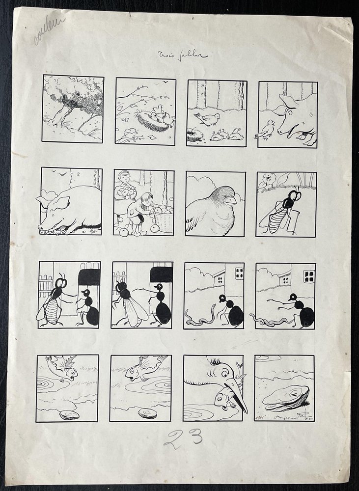 Benjamin Rabier, Three Fables, Ink Drawing for sale at Pamono