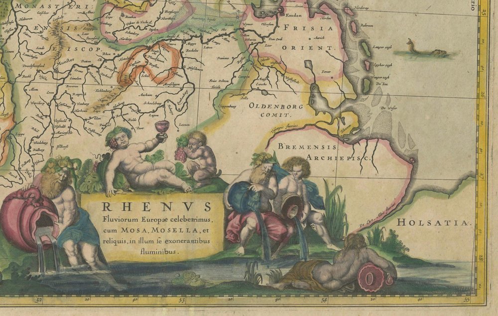 Mapa del río Rin en el Sacro Imperio Romano de Janssonius, década de ...