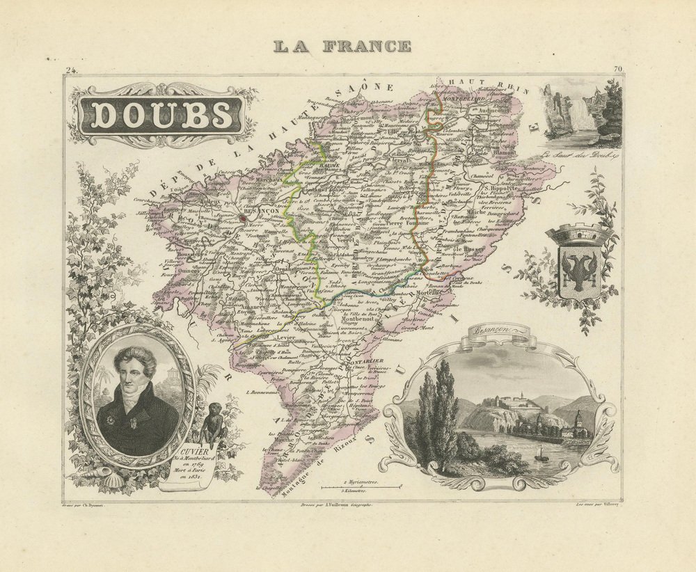 Map of Doubs France with Besançon and Swiss Border Landscape, 1800s for  sale at Pamono, image size:1000x822