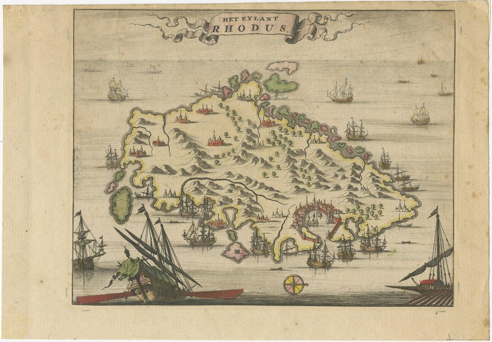 Hand-Colored Engraved View of Rhodes and Island of Rhodus by O. Dapper ...