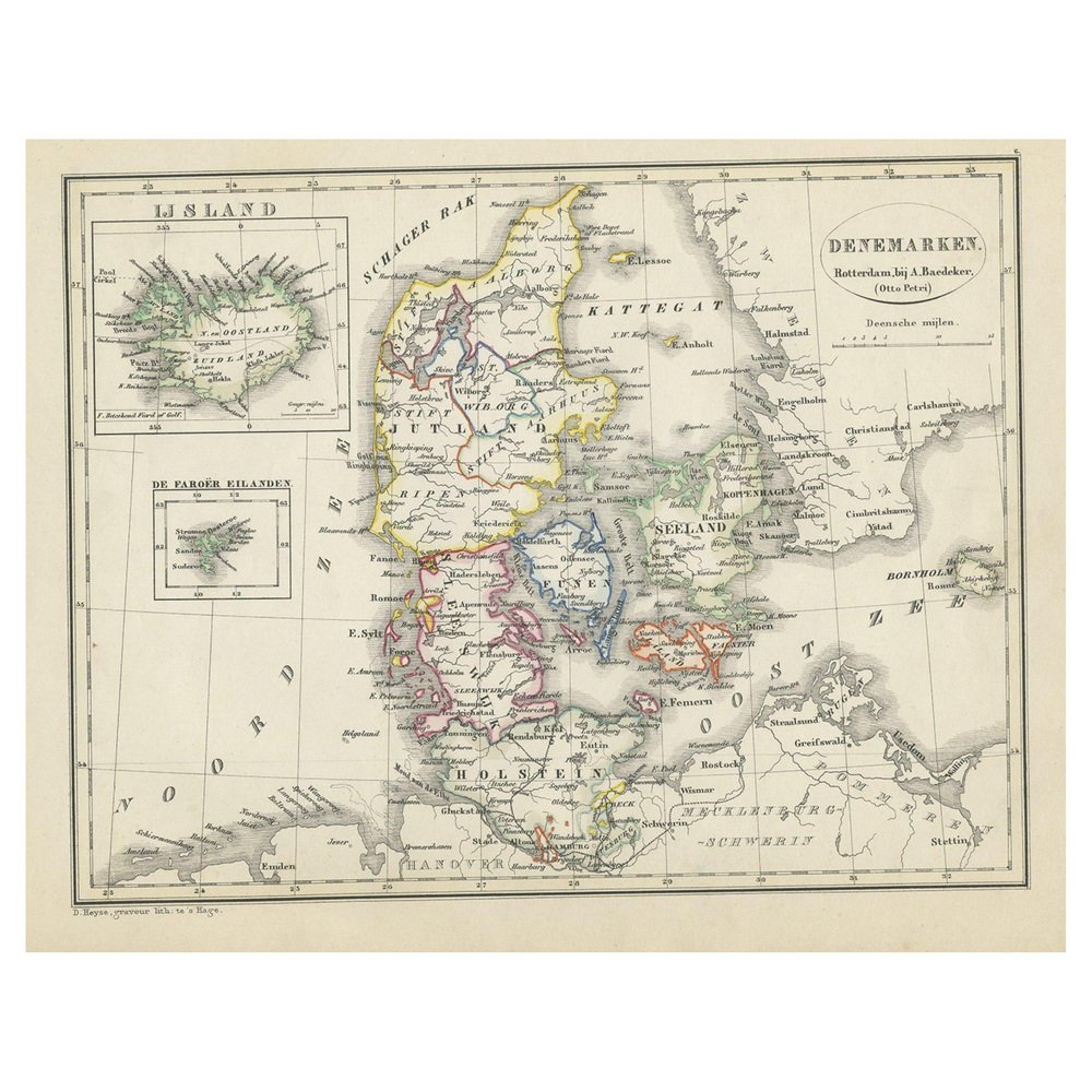 Old Map Inset Antique Map of Denmark with an Inset of Iceland, 1852 for sale at Pamono