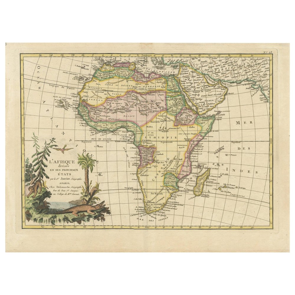 Antique Map of Africa with Large Decorative Cartouche for sale at Pamono
