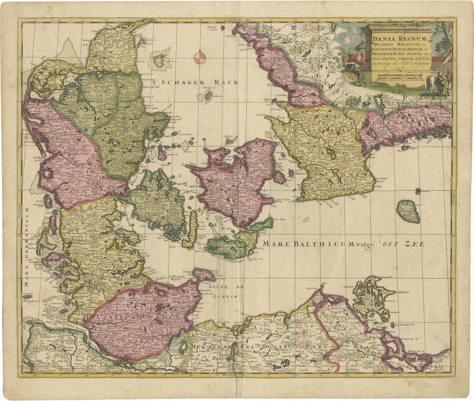 Antique Map of Denmark in Coloring, 1706 for sale at Pamono