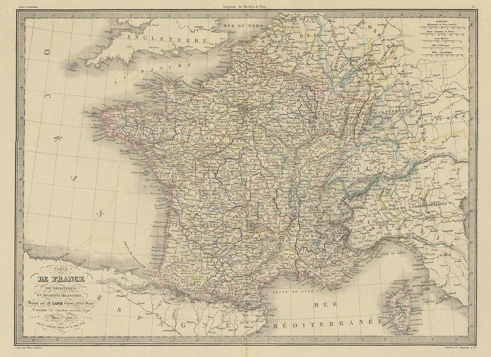 Antique Map of France by Lapie, 1842 for sale at Pamono