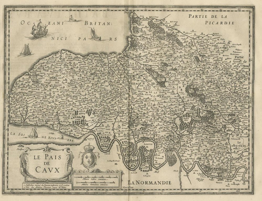 Antique Map of the Region of Pays De Caux by Janssonius, 1657 for sale ...