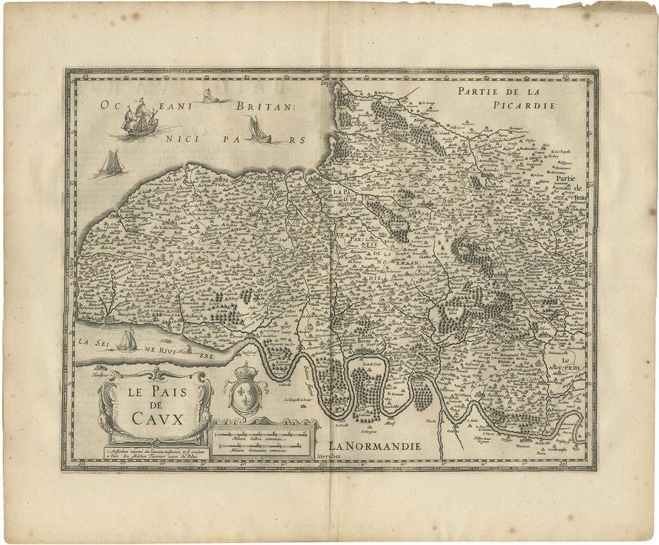 Antique Map of the Region of Pays De Caux by Janssonius, 1657 for sale ...