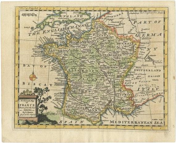 Antique Map of France with the English Channels, 1754 for sale at Pamono
