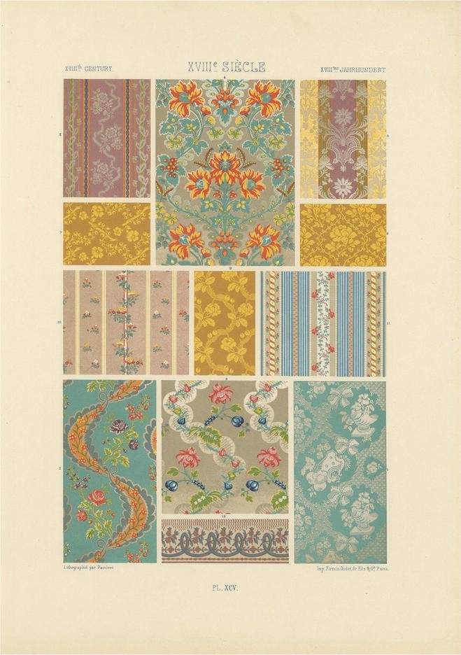 Floral and Striped Rococo Fabrics, 1869, Paper for sale at Pamono