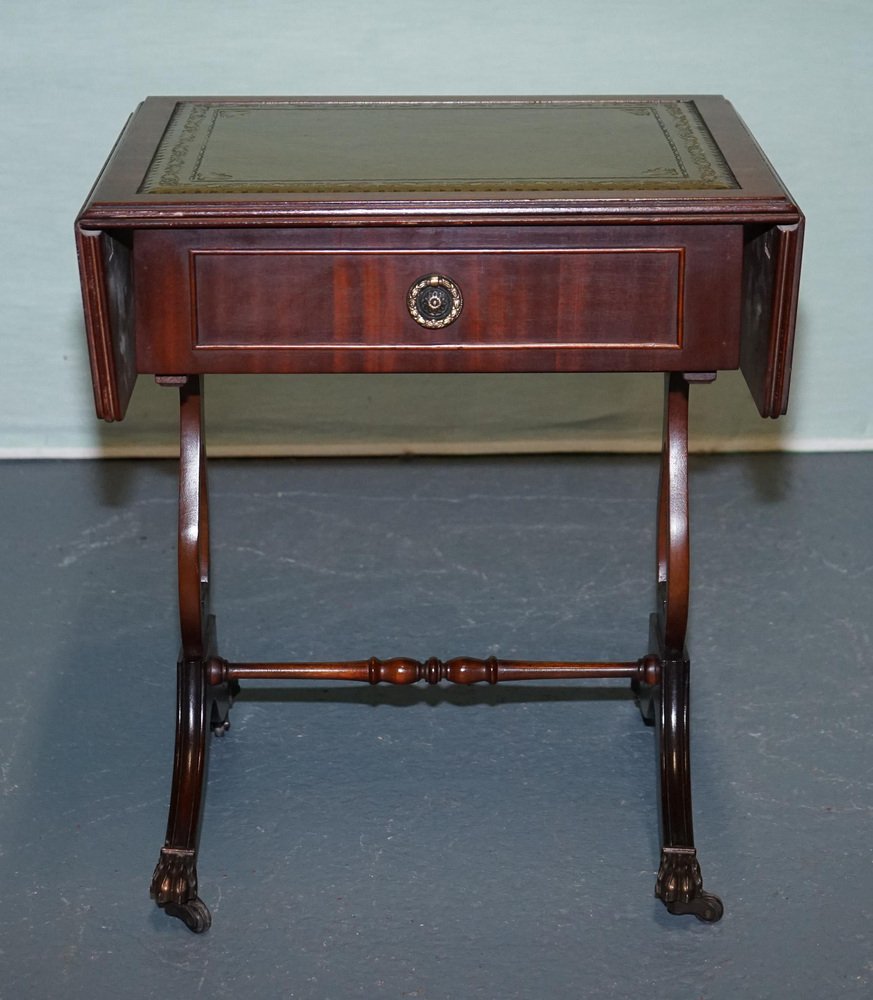 Regency Style Hardwood Side Table with Green Leather Inset Top and Drop ...