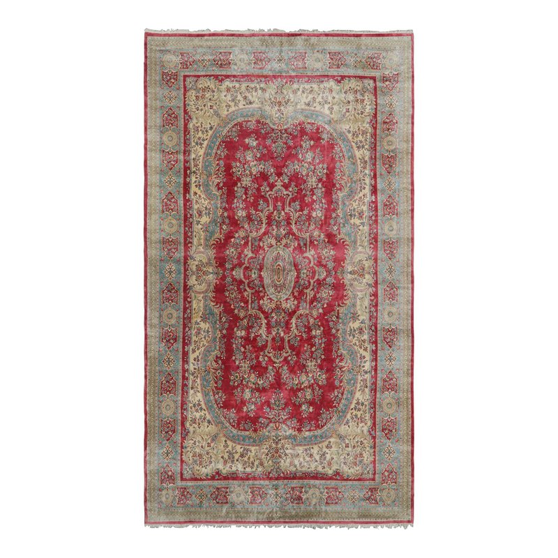 Antique Kerman Lavar Rug in Red with Floral Medallion for sale at Pamono