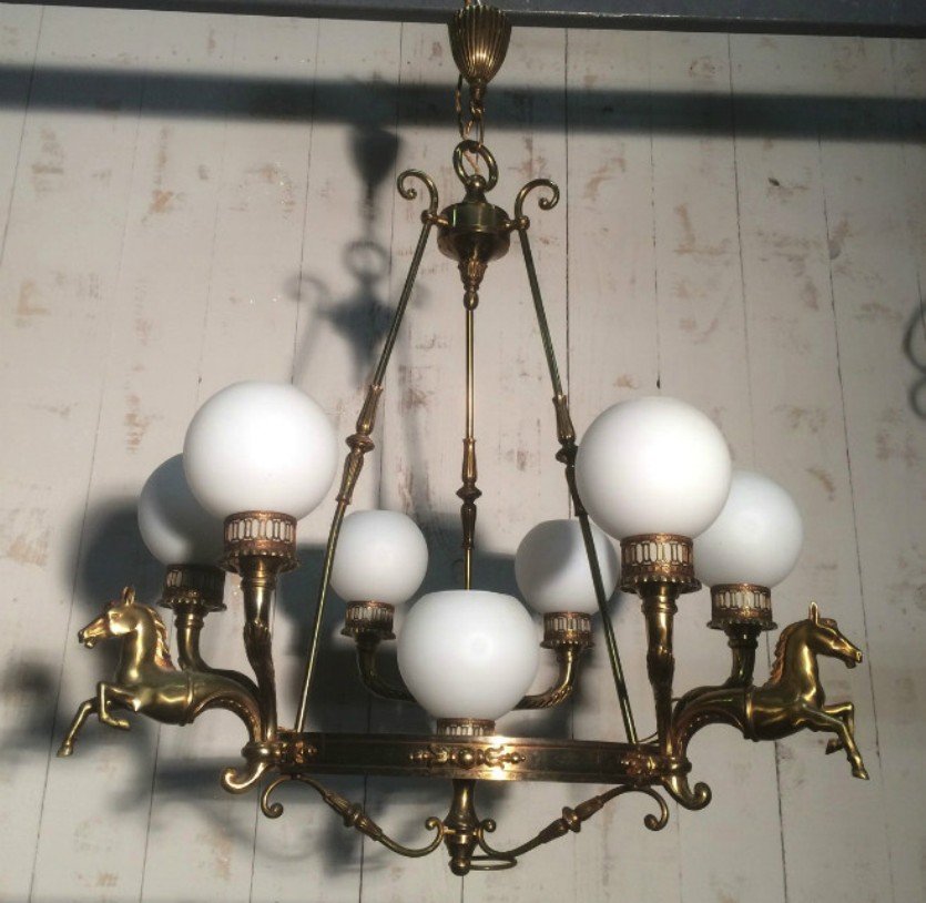 Vintage Brass & Opal Horse Chandelier, 1940s for sale at Pamono