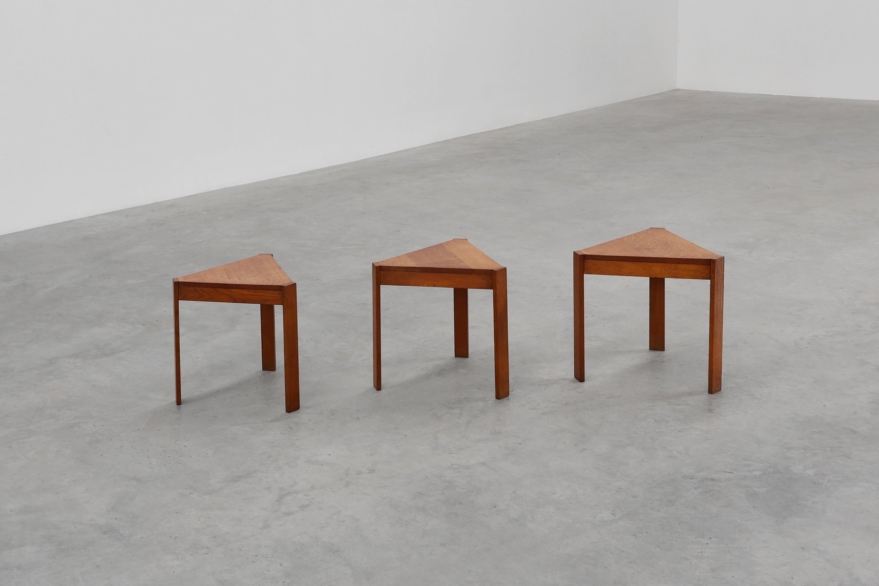 Triangular Oak Stacking Tables, France, 1960s, Set of 3 for sale at Pamono