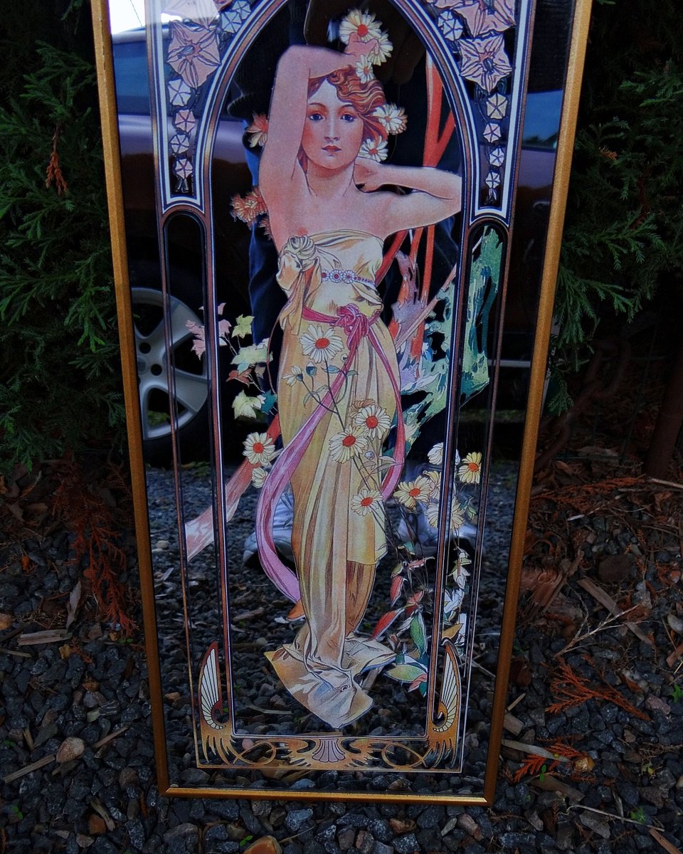 Miroir avec Tableau Automne Mucha Art Nouveau, 1970s en vente sur