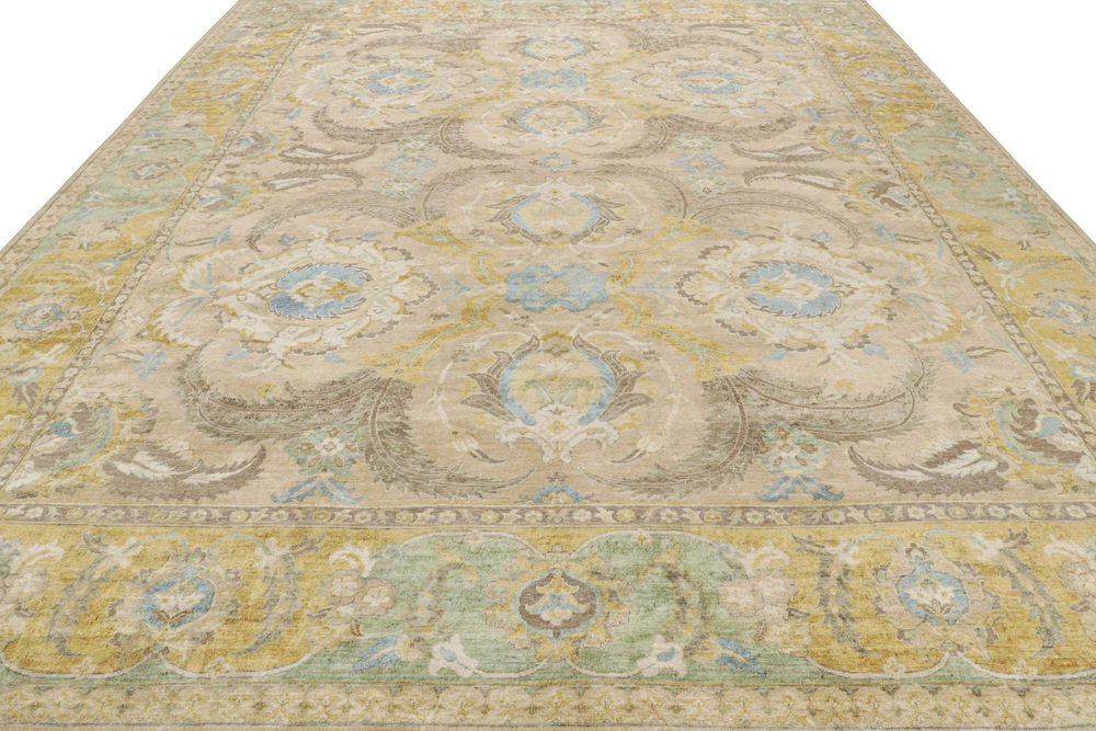 Polonaise Style Rug in Beige with Gold and Blue Floral Patterns by Rug ...