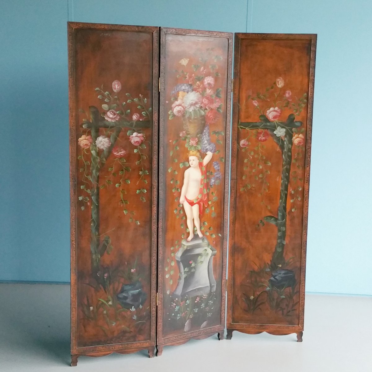 Antique Hand Painted Wooden Folding Screen For At Pamono Antique Hand Painted Wooden Folding Screen