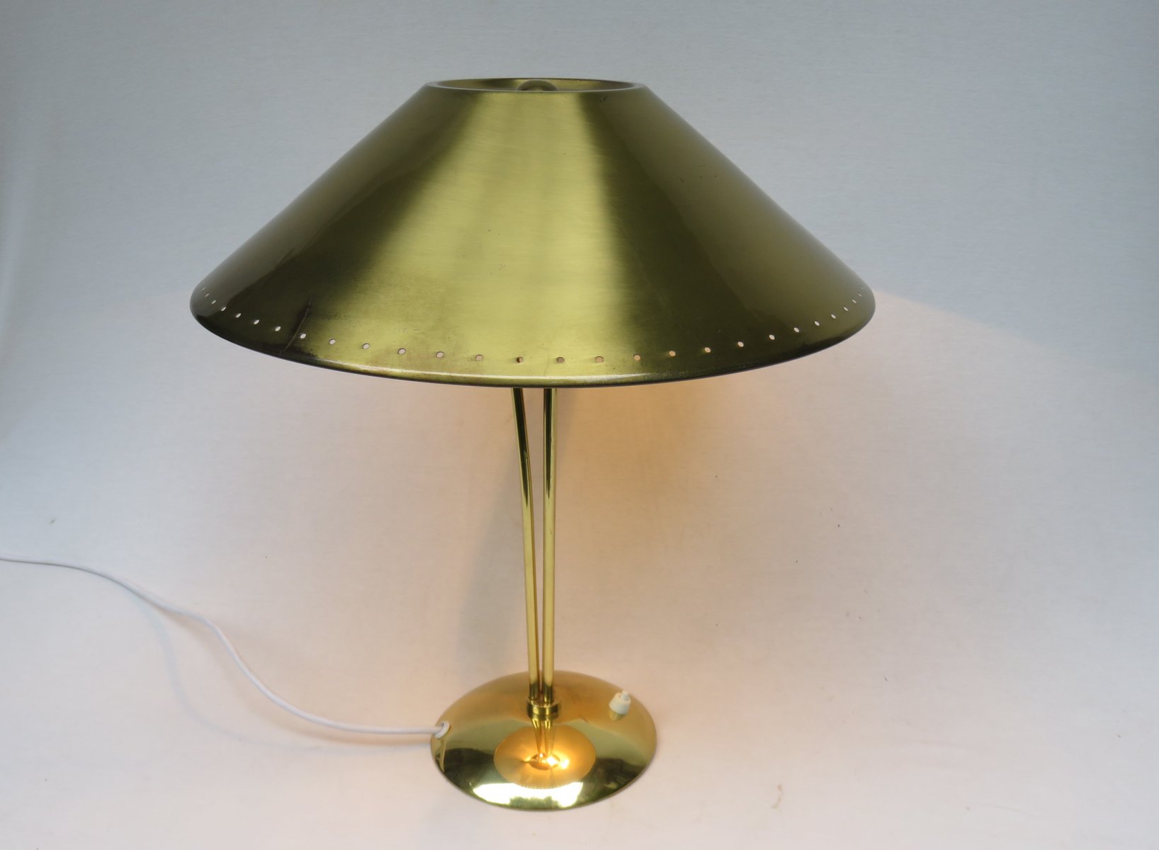Lampe De Bureau Vintage Italie, Laiton, Céramique Verte Et Poignée Bois, Abat-jour Conique