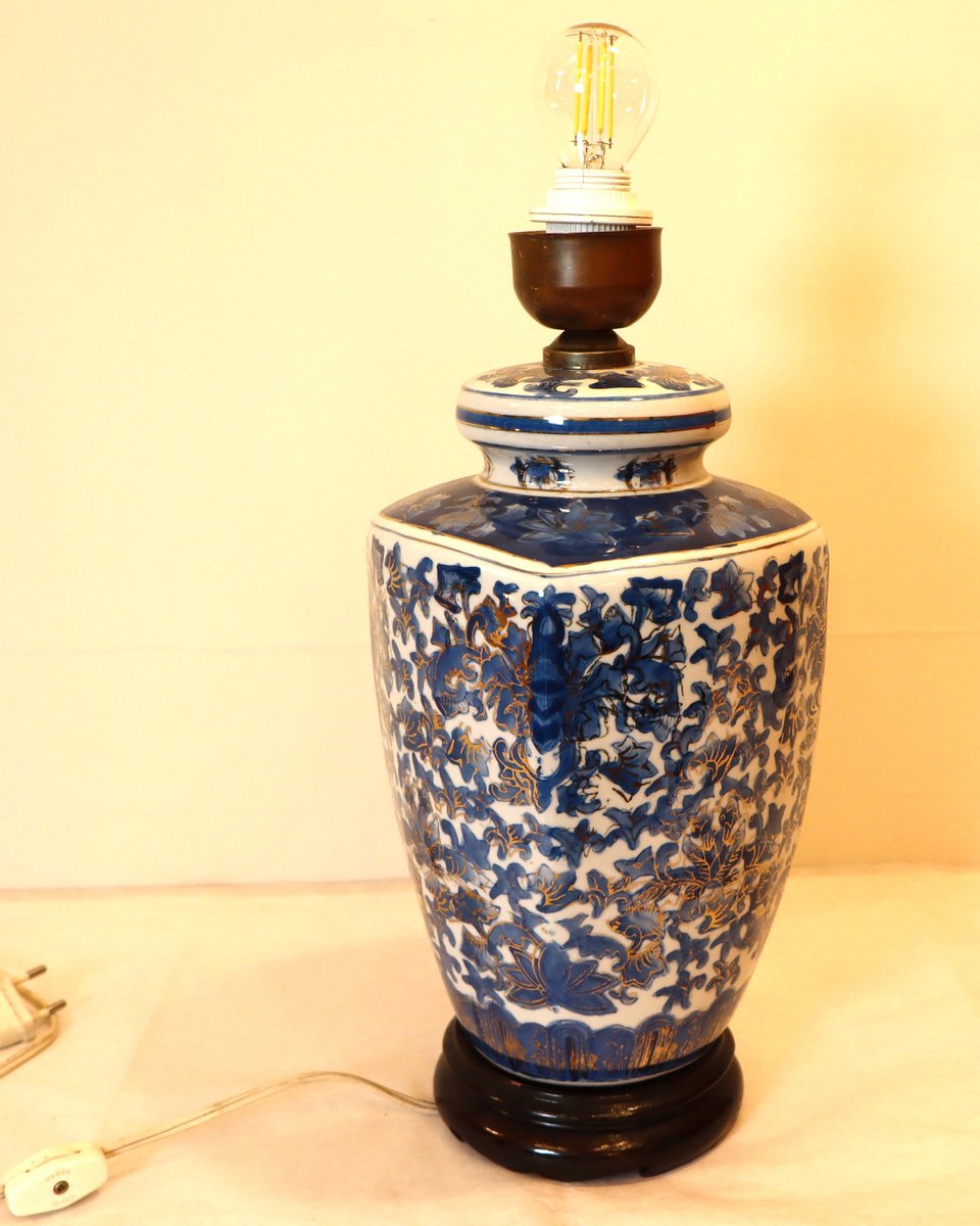 Chinese Porcelain Lamp Base with Blue and Golden Decor, 1950s for sale ...