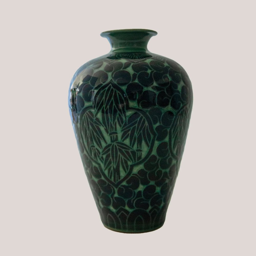 Asian Studio Pottery Green Bamboo Motif Vase, 1960s for sale at Pamono