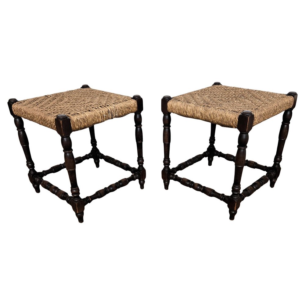 Mid-Century Italian Carved Wood and Woven Rope Stools, 1960s, Set of 2 ...
