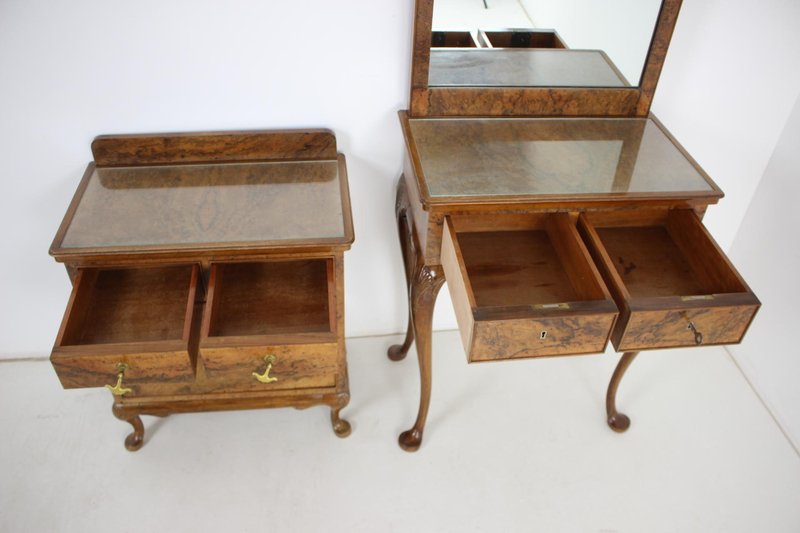 Art Deco Burr Walnut Vanity with Mirror and Cabinet, Czechoslovakia ...