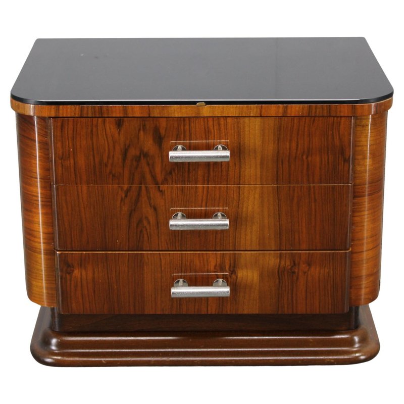 Art Deco Walnut Nightstand with Black Opaxite Glass, Czechoslovakia ...