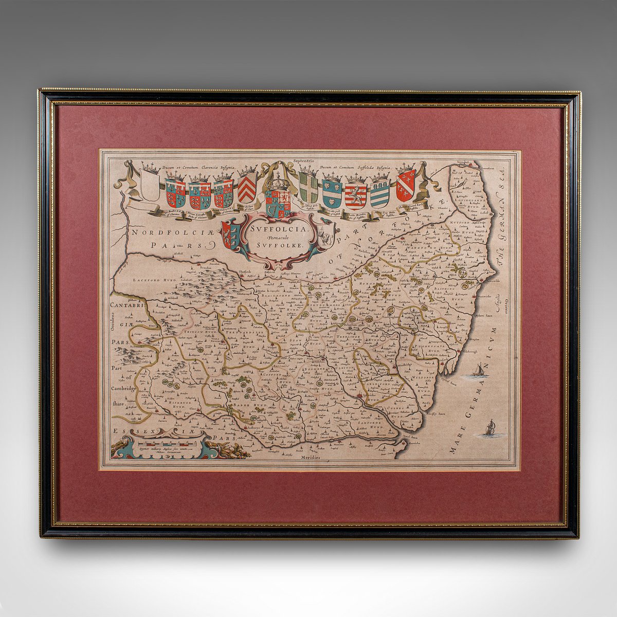 Antique Dutch Suffolk County Map by Joan Blaeu, 1645 for sale at Pamono