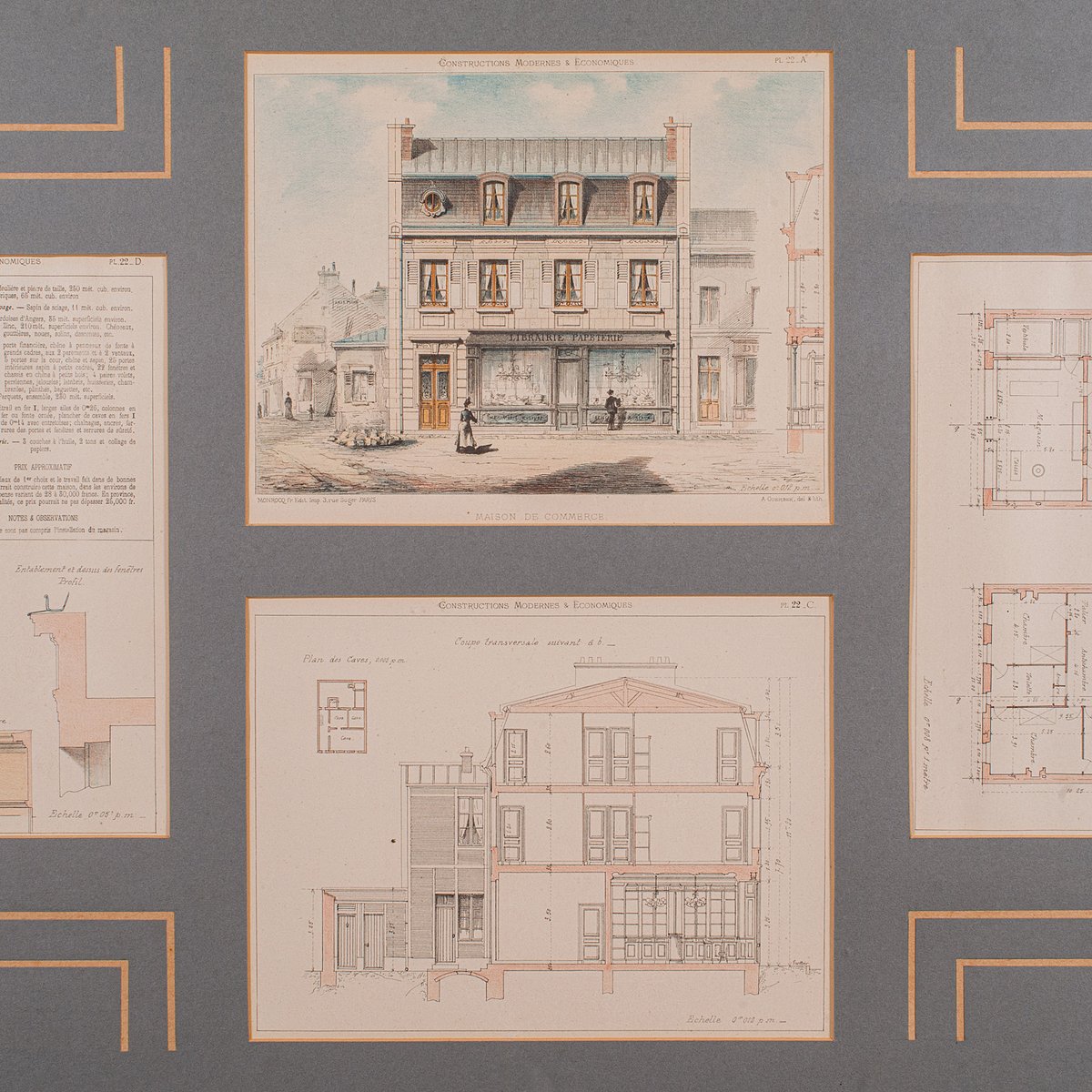 Antique Architectural Plans, 1900s, Lithograph, Glass & Paper, Framed ...