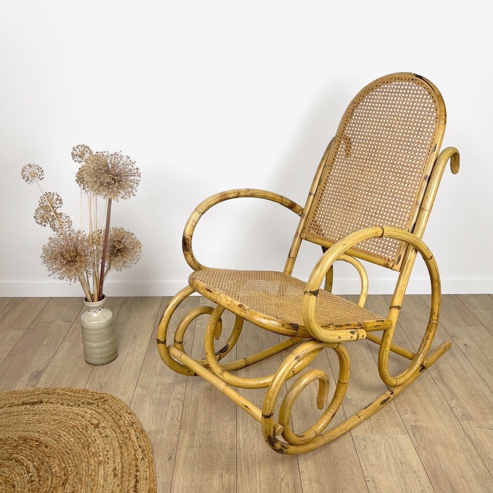 Rattan and Cane Rocking Chair, 1970s for sale at Pamono