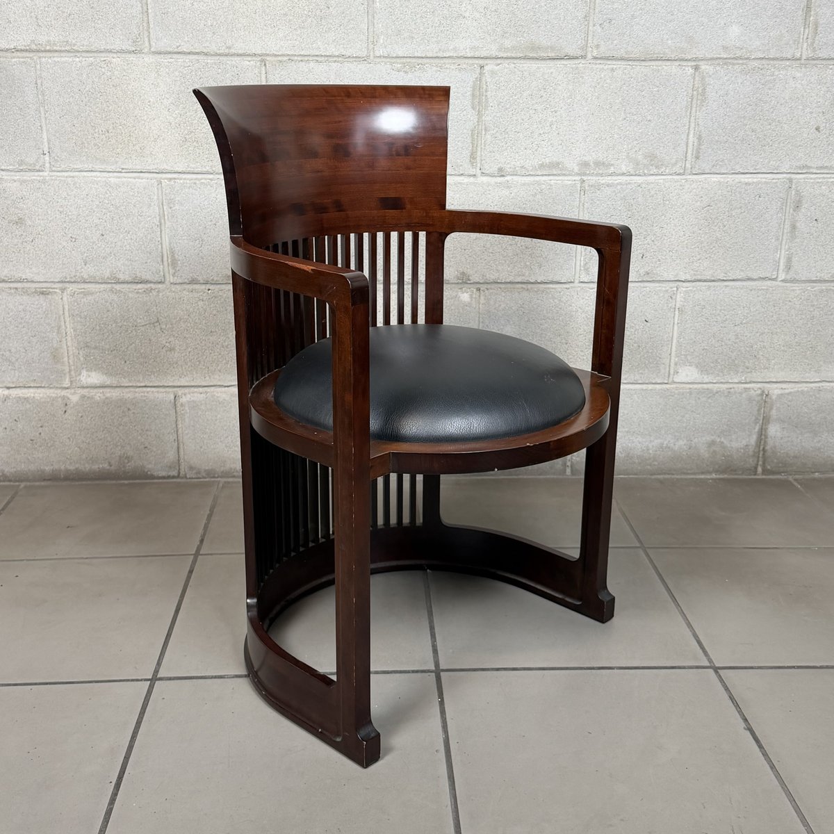 Barrel Chair in Wood and Black Leather by Frank Lloyd Wright for ...