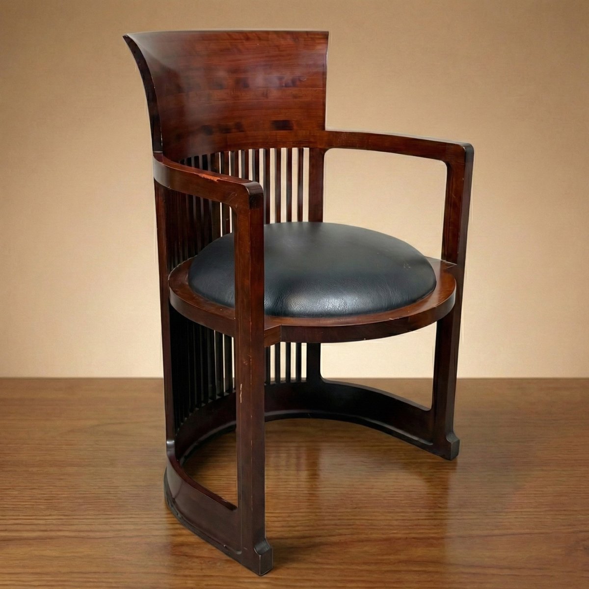Barrel Chair in Wood and Black Leather by Frank Lloyd Wright for ...