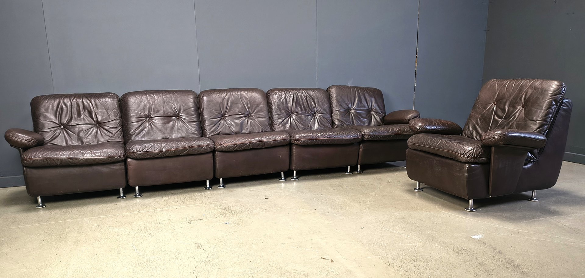 Vintage Brown Leather Modular Sofa, 1970s, Set of 6 for sale at Pamono