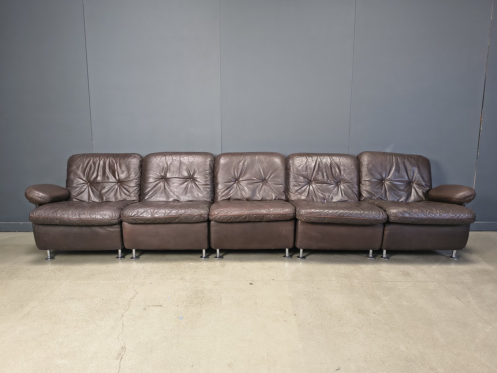 Vintage Brown Leather Modular Sofa, 1970s, Set of 6 for sale at Pamono
