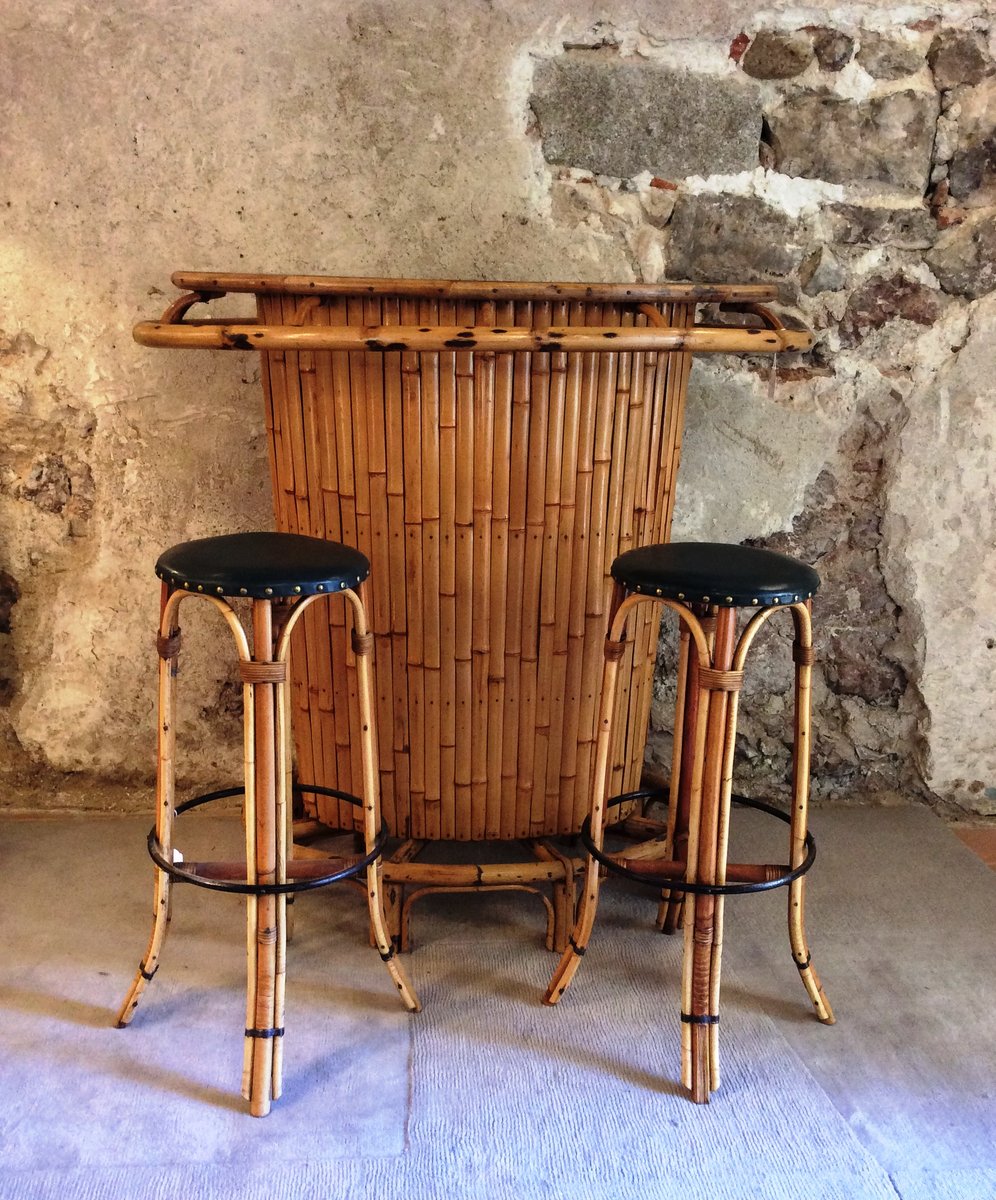 Vintage Bamboo Tiki Bar With 2 Stools 1960s For At Pamono Vintage Bamboo Tiki Bar With 2 Stools 1960s