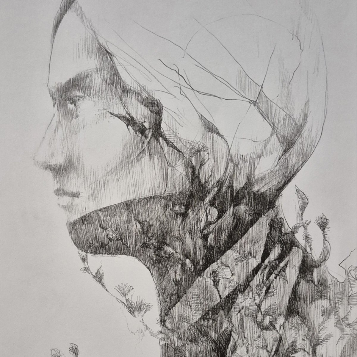 Rafal Kolinski, Faces, Profile with Flowers, Portrait, Original Ink ...