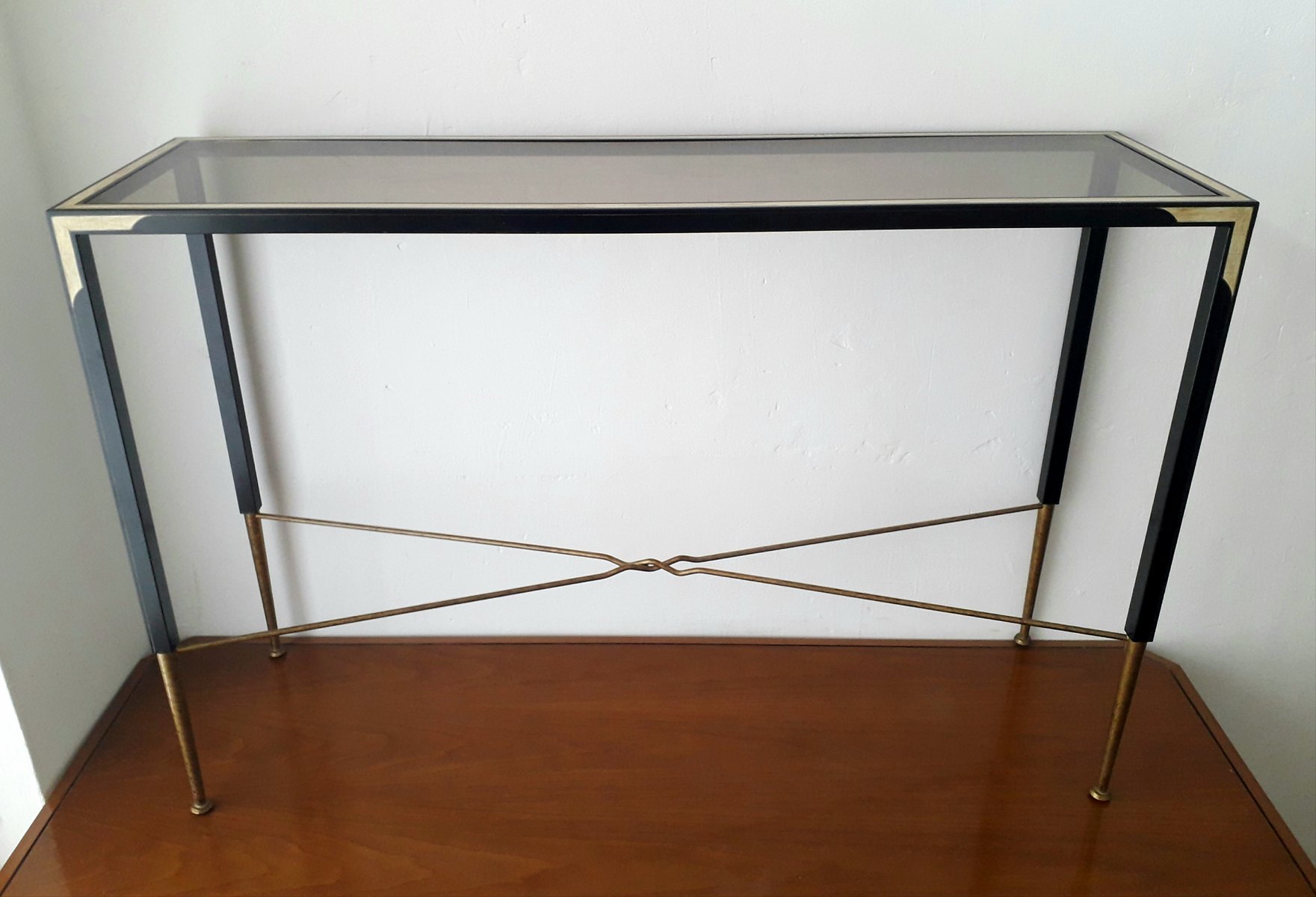 Metal and smoked glass top console table 1980s