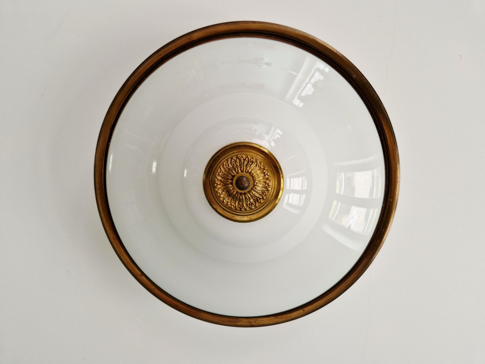 Plafonnier Ancien Industriel - Laiton, Aluminium, Verre Blanc - Reproduction