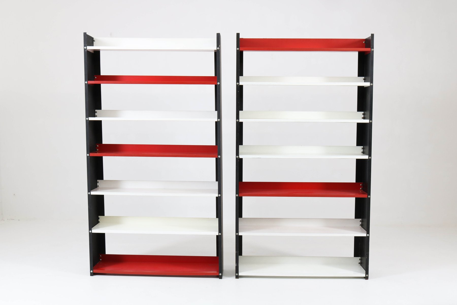 Mid Century Modern Black White And Red Metal Standing Bookshelves Mid Century Modern Black White And Red Metal Standing Bookshelves From Pilastro 1960s Set Of 2