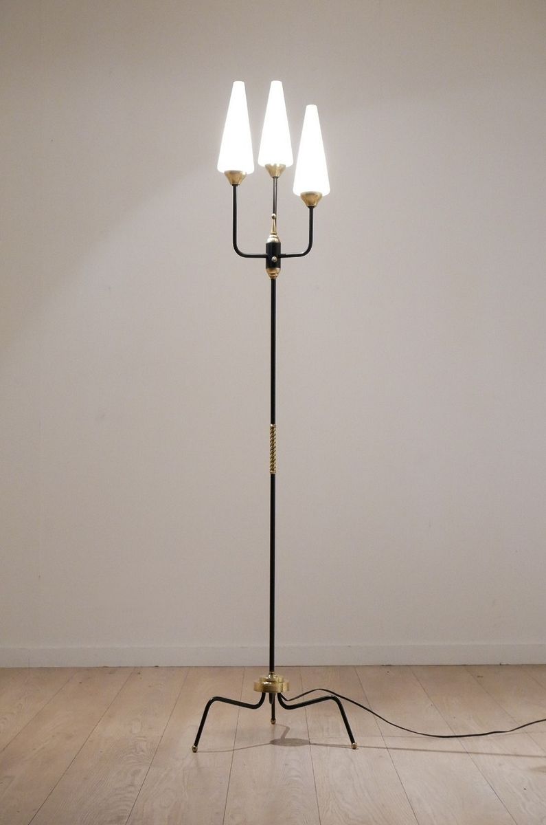 Mid Century French Opalescent Glass Brass Tripod Floor Lamp From Mid Century French Opalescent Glass Brass Tripod Floor Lamp From Arlus 1950s