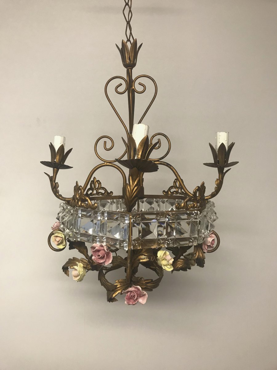 Mid Century Italian Crystal Porcelain Flower Chandelier For Mid Century Italian Crystal Porcelain Flower Chandelier